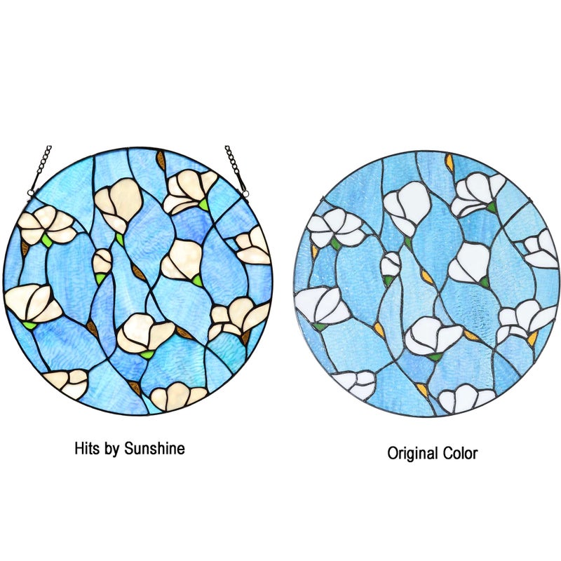 Bieye W10063 Magnolia Flower Tiffany Style Stained Glass Window Panel with Chain, Round Shape, 16-inch Wide - Image 2